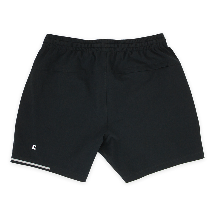 Run Short 5.5" Black back with elastic waistband, back right hidden zipper pocket, reflective line on bottom left hem, and reflective Bear B logo on bottom left leg