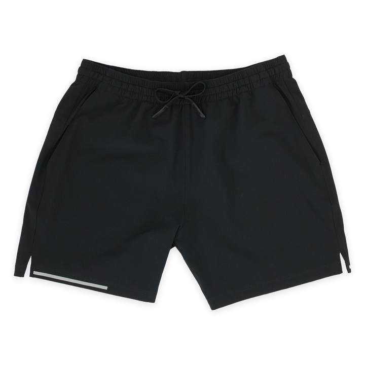 Run Short 5.5" Black front with elastic waistband, dyed-to-match drawstring with rubberized tips, two front pockets, split hem, and reflective line on bottom right hem