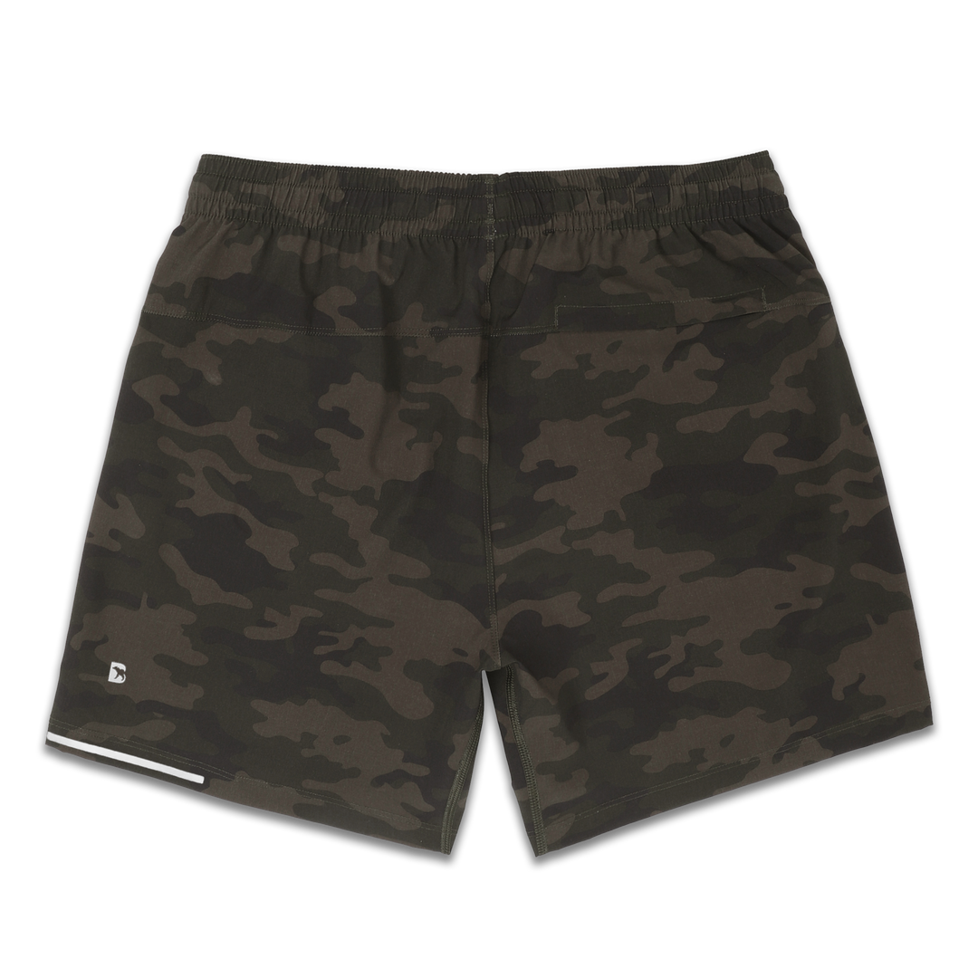 Run Short 5.5" Camo Green back with elastic waistband, back right hidden zipper pocket, reflective line on bottom left hem, and reflective Bear B logo on bottom left leg