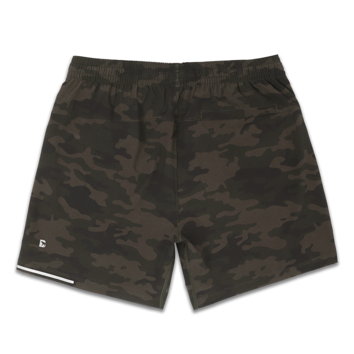 Run Short 5.5" Camo Green back with elastic waistband, back right hidden zipper pocket, reflective line on bottom left hem, and reflective Bear B logo on bottom left leg