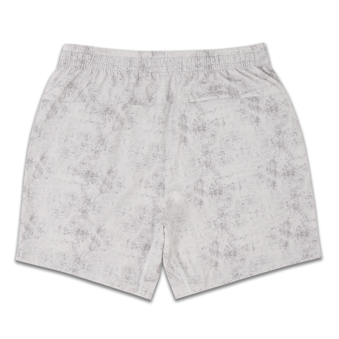 Run Short 5.5" Concrete back with elastic waistband, back right hidden zipper pocket, reflective line on bottom left hem, and reflective Bear B logo on bottom left leg