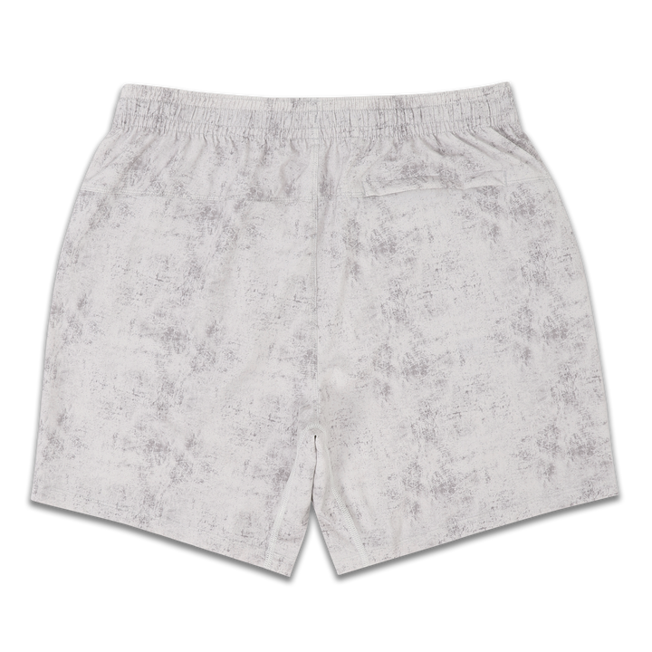 Run Short 5.5" Concrete back with elastic waistband, back right hidden zipper pocket, reflective line on bottom left hem, and reflective Bear B logo on bottom left leg