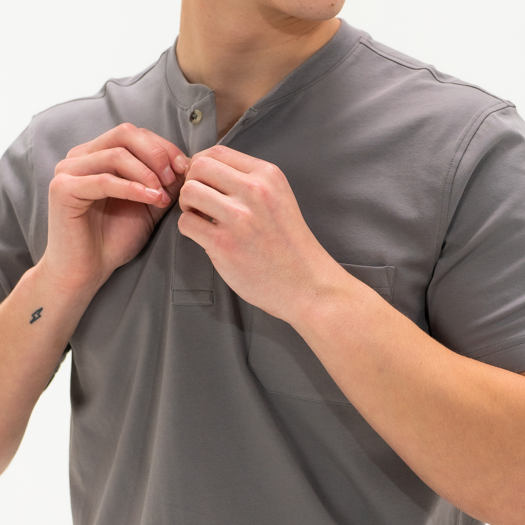 Short Sleeve Stretch Henley Slate close up buttons