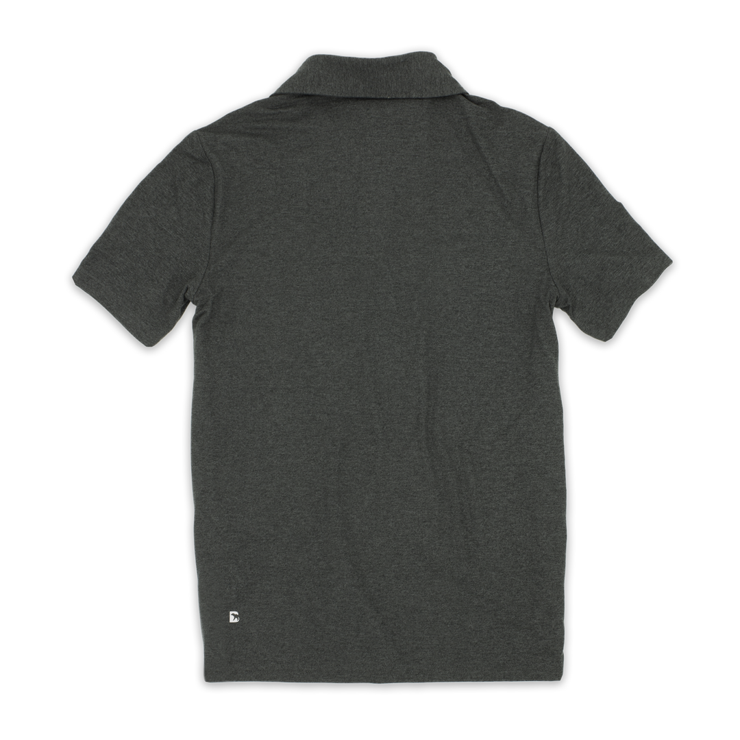 Tech Polo Charcoal Grey back with reflective logo on bottom left